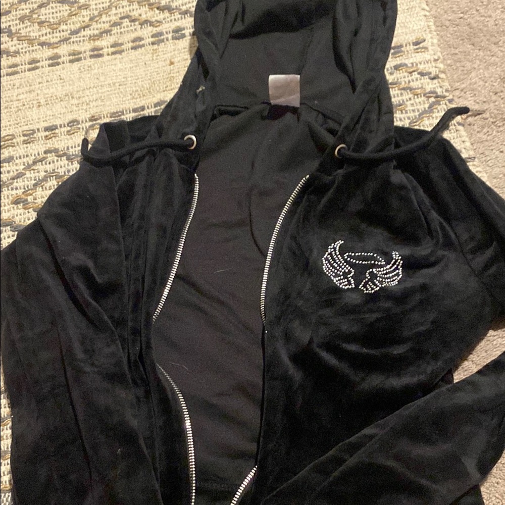 No Boundaries Black Velour Hoodie with Rhinestone Accent